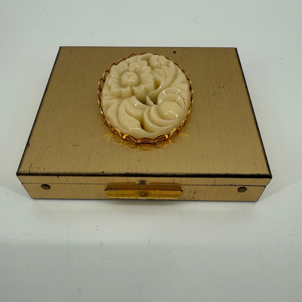 Vintage Gold Tone Floral Cameo Pill Trinket Box Blue Velvet Interior 1950s